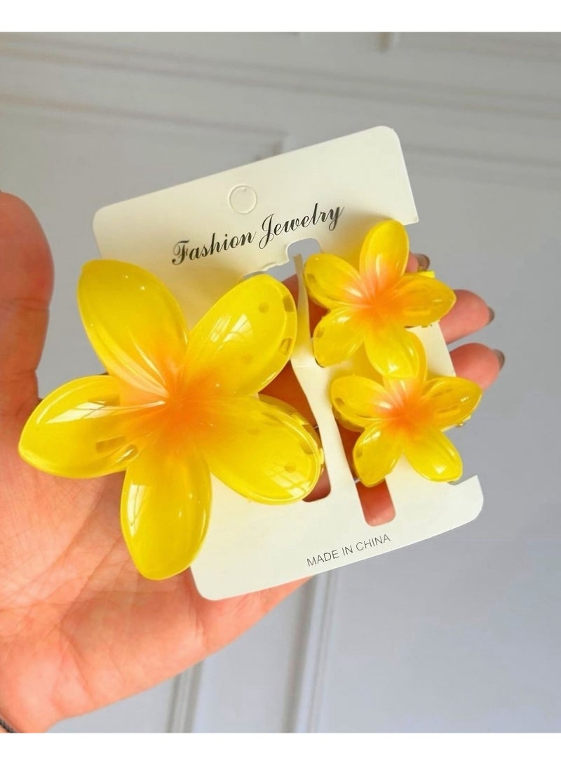 Hawaiian Flower Hair Clip Set – 3 Pieces (1 Large & 2 Small) Acrylic Design with Soft Yellow Touch - Image 2