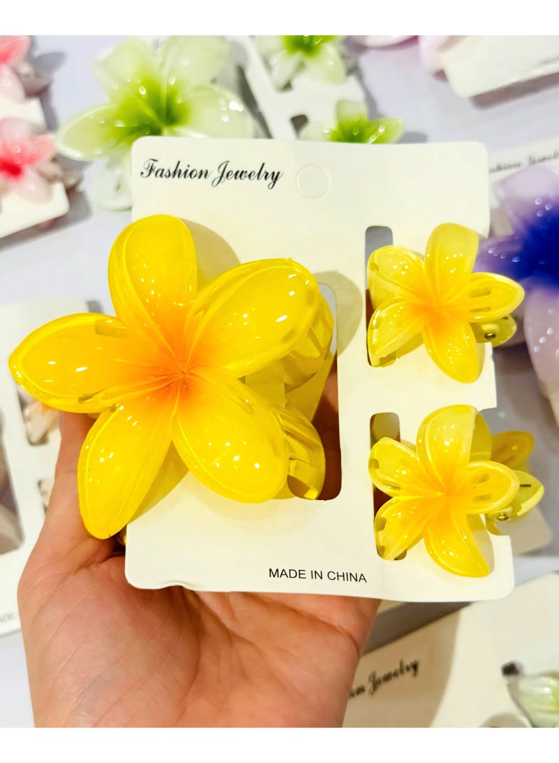 Hawaiian Flower Hair Clip Set – 3 Pieces (1 Large & 2 Small) Acrylic Design with Soft Yellow Touch - Image 5