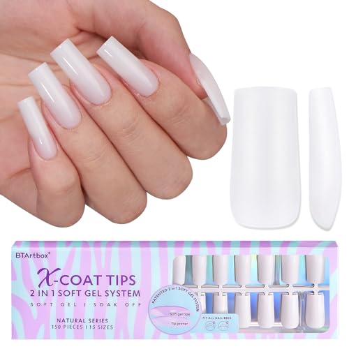 BTArtboxnails Square Gel Nail Tips Long  Pre Colored Milky White Soft Gel Nail Tips Milky White Press on Nails Natural XCOATTIPS Pre Applied Tip Primer