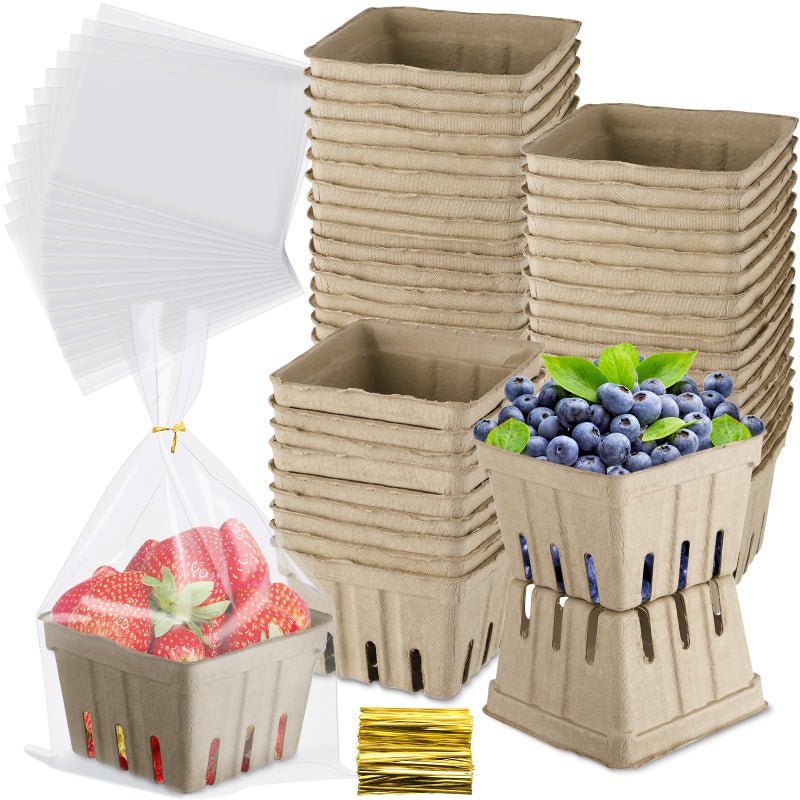 Amyhill Amyhill 100 Pack Pulp Fiber Basket Set Include 100 Strawberry Berry Basket Small Vented 100 Clear Packaging Bags 100 Tie Strips for Kitchen Market Fruit Vegetable Produce StoragePint Pink