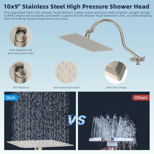 Hibbent All Metal Shower Head, 10'' High Pressure Rainfall Shower Head/Handheld Showerhead Combo/ 12'' Adjustable Curved Shower Extension Arm, 10-Spray, 71'' Hose, Showerhead Holder, Brushed Nickel - Image 4