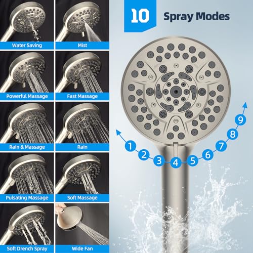 Hibbent All Metal Shower Head, 10'' High Pressure Rainfall Shower Head/Handheld Showerhead Combo/ 12'' Adjustable Curved Shower Extension Arm, 10-Spray, 71'' Hose, Showerhead Holder, Brushed Nickel - Image 5