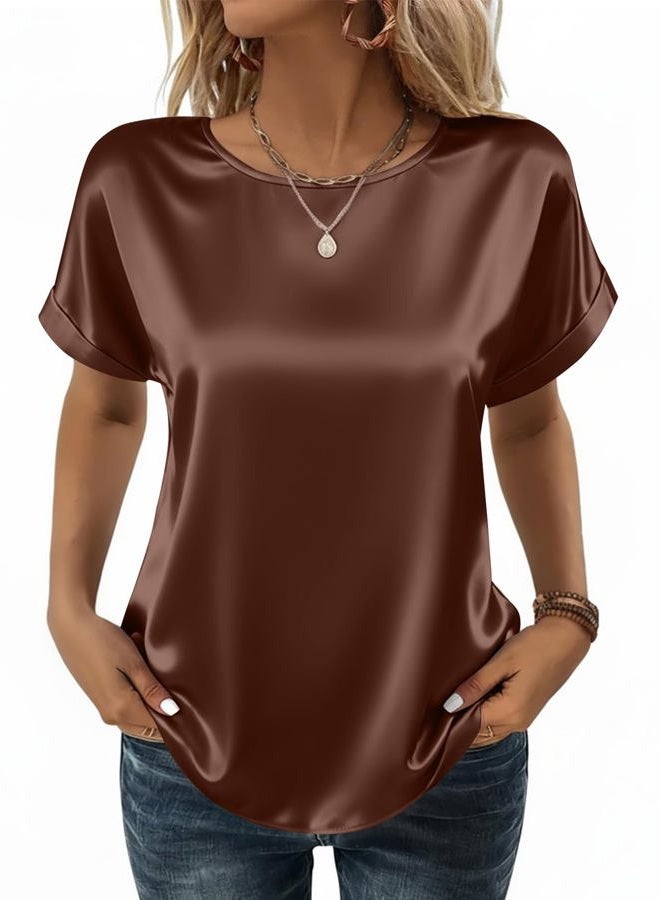 zeagoo Satin Blouse for Women Business Casual Outfit Short Sleeve Tops Crewneck Tshirt Silk Shirt Summer Clothes, Brown, M - Image 1