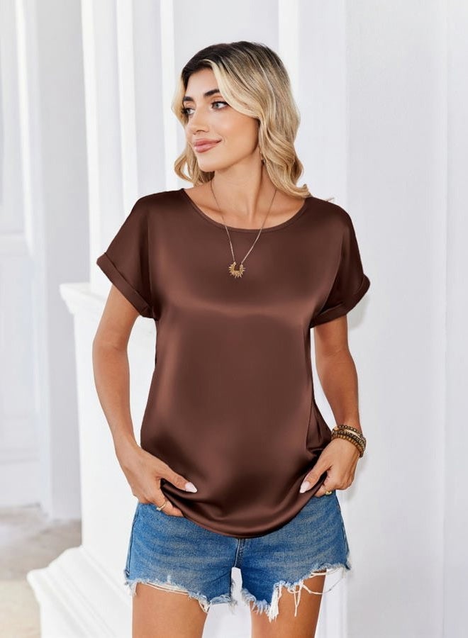 zeagoo Satin Blouse for Women Business Casual Outfit Short Sleeve Tops Crewneck Tshirt Silk Shirt Summer Clothes, Brown, M - Image 5