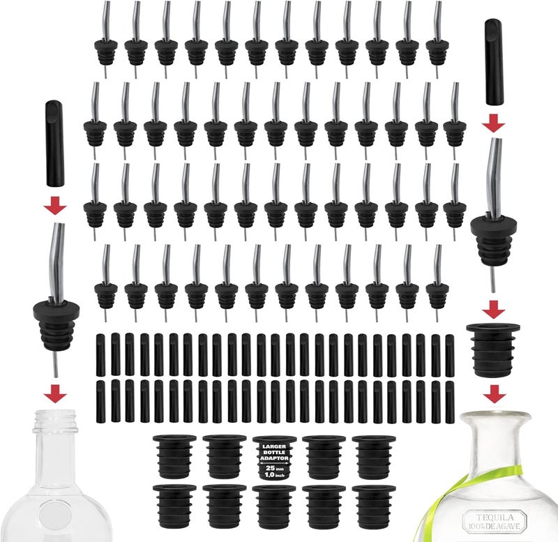 Esatto 50-Pack Stainless Steel Liquor Bar Bottle Pourers - 50 Dust Caps & 10 Adapters - Drip-Free Nozzle - Pour Spouts for Alcohol & Bartending - Universal Fit Speed Spout - Rust-Free & Easy Clean - Chrome - Image 1