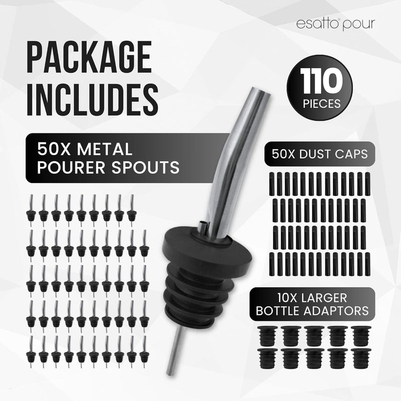 Esatto 50-Pack Stainless Steel Liquor Bar Bottle Pourers - 50 Dust Caps & 10 Adapters - Drip-Free Nozzle - Pour Spouts for Alcohol & Bartending - Universal Fit Speed Spout - Rust-Free & Easy Clean - Chrome - Image 2