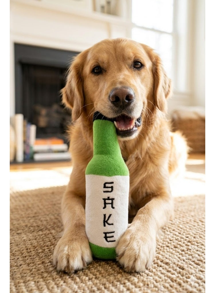 Sake Bottle Shaped Plush Dog Toy, Green and White, Fun Novelty Pet Chew Toy - Image 1