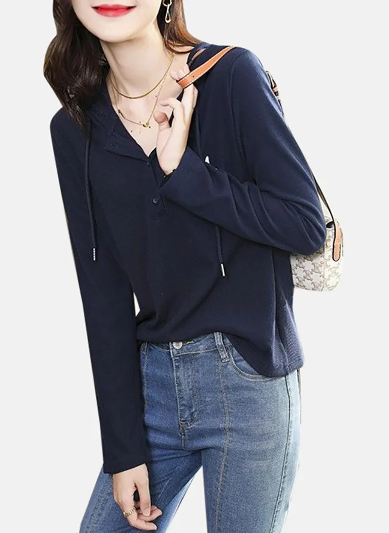 YUNIQEE Blue Solid Long Sleeve Hooded T-Shirt