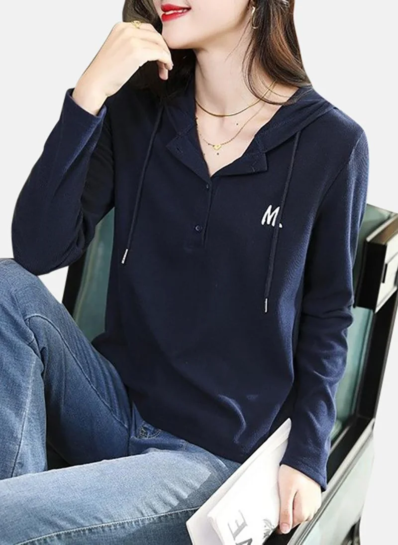 YUNIQEE Blue Solid Long Sleeve Hooded T-Shirt