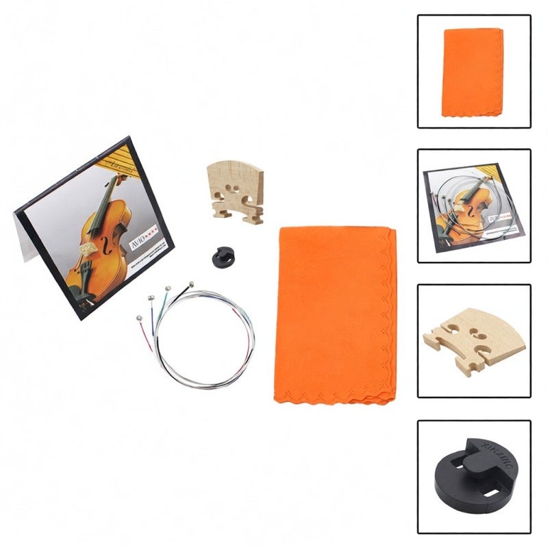 Maple 4/4 Violin Bridge 4 In 1 Violin Accessory Set - Rubber Mute For Sound Reduction Stainless Steel Violin Strings High Quality Man Made Chamois Cloth - Image 3