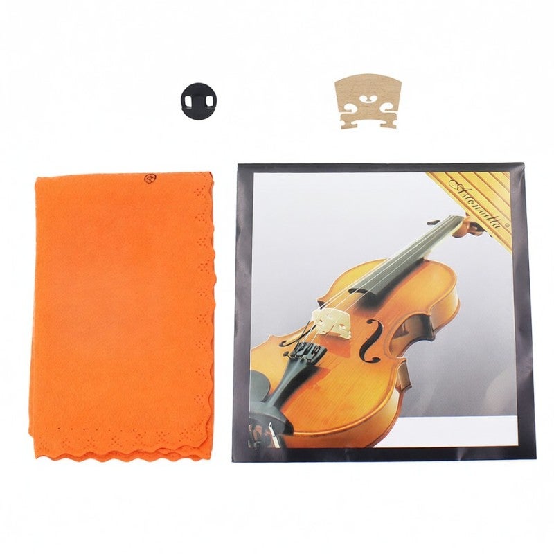Maple 4/4 Violin Bridge 4 In 1 Violin Accessory Set - Rubber Mute For Sound Reduction Stainless Steel Violin Strings High Quality Man Made Chamois Cloth - Image 5