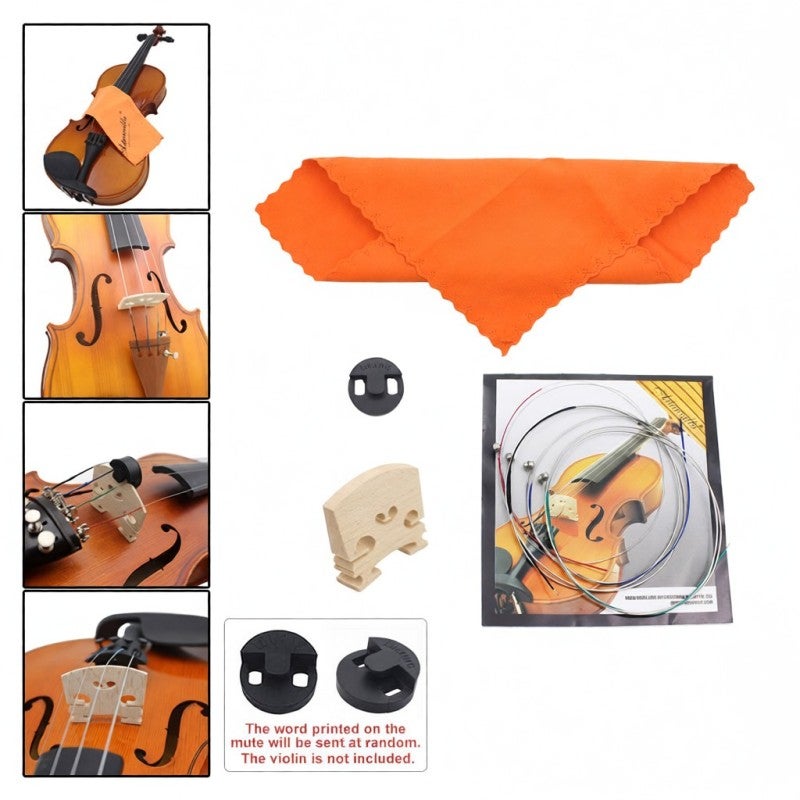 Maple 4/4 Violin Bridge 4 In 1 Violin Accessory Set - Rubber Mute For Sound Reduction Stainless Steel Violin Strings High Quality Man Made Chamois Cloth - Image 4