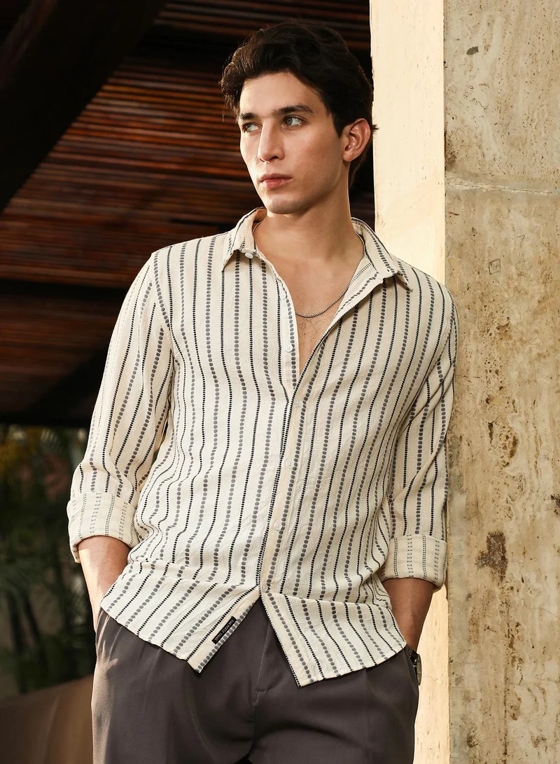 CAHOOT  Men's Off-White Dotted-Stripe Jacquard Shirt for Men | Best Price UAE