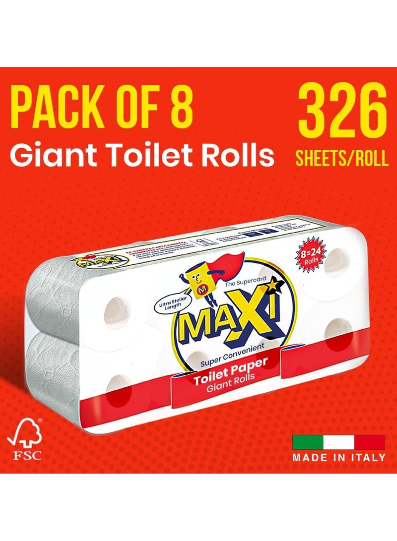 Maxi Supercarta Toilet Roll 2 Ply Giant Rolls 2608 Sheets Pack of 8 Rolls - 326 High Absorbent Sheets per Roll Premium Softness Thick Paper Smooth Texture Cloud and Butterfly Embossing - Image 4
