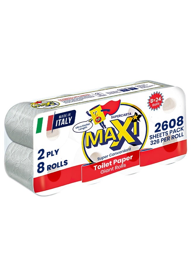 Maxi Supercarta Toilet Roll 2 Ply Giant Rolls 2608 Sheets Pack of 8 Rolls - 326 High Absorbent Sheets per Roll Premium Softness Thick Paper Smooth Texture Cloud and Butterfly Embossing - Image 1
