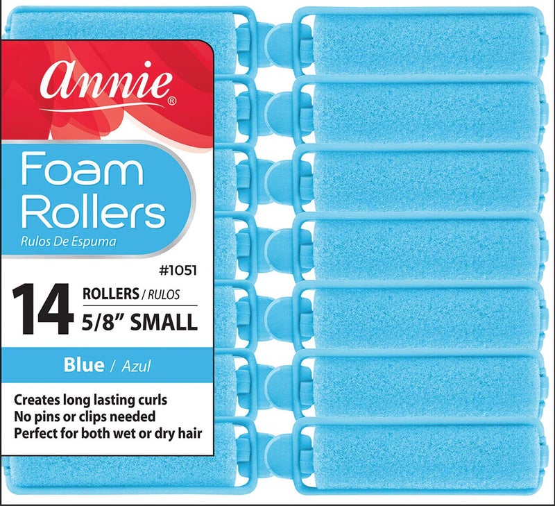 Annie Salon Style Small Foam Hair Rollers - 5/8"" Blue - 14 Piece Set - Soft Heat-Less Hair Curling Tools - Image 1