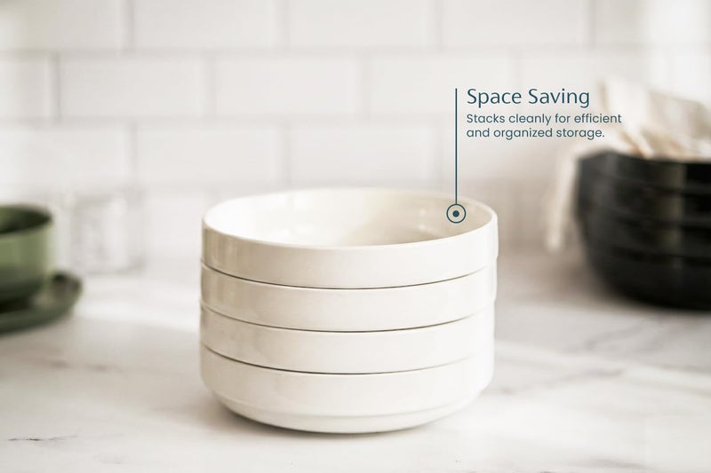 KooK Pasta Bowl, Bowl Plate, Low Bowl, Plate Bowls, Ceramic Large Shallow Bowls, Microwave and Dishwasher Safe, Great for Soups and Salads, Glossy Porcelain, 47 oz, Set of 4, White - Image 4