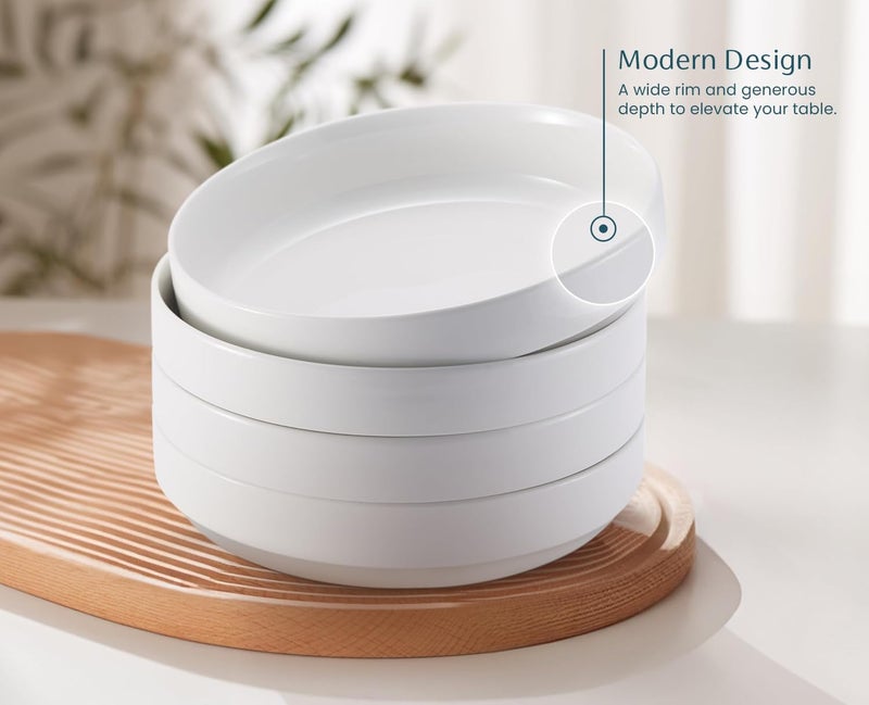 KooK Pasta Bowl, Bowl Plate, Low Bowl, Plate Bowls, Ceramic Large Shallow Bowls, Microwave and Dishwasher Safe, Great for Soups and Salads, Glossy Porcelain, 47 oz, Set of 4, White - Image 2
