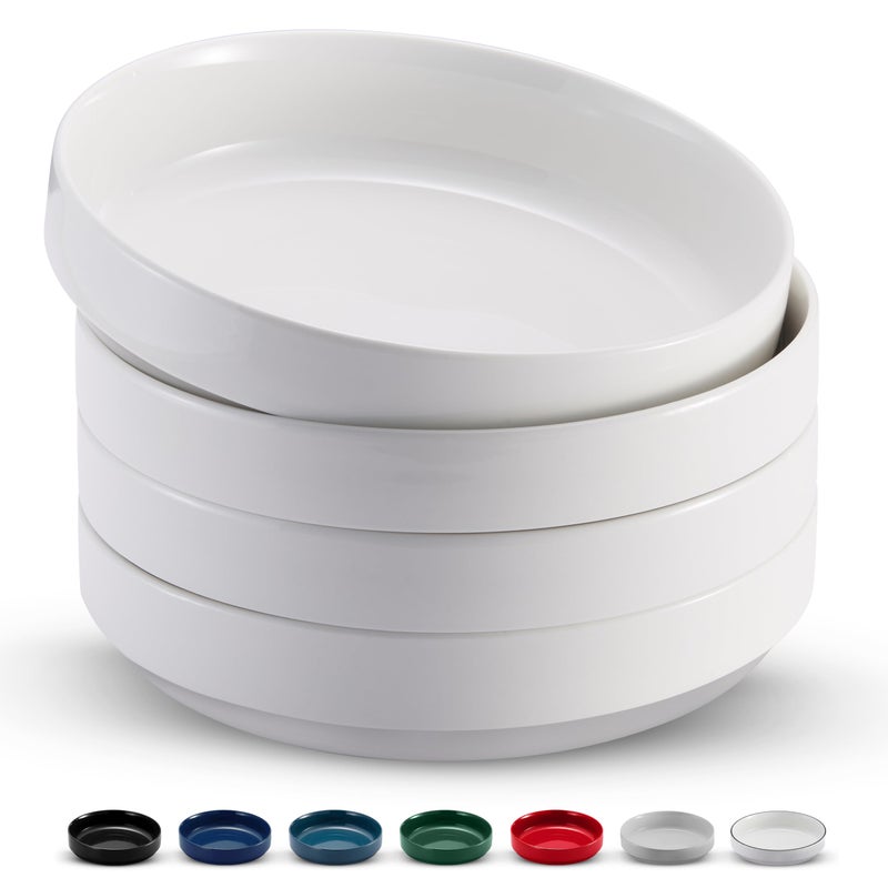 KooK Pasta Bowl, Bowl Plate, Low Bowl, Plate Bowls, Ceramic Large Shallow Bowls, Microwave and Dishwasher Safe, Great for Soups and Salads, Glossy Porcelain, 47 oz, Set of 4, White - Image 1