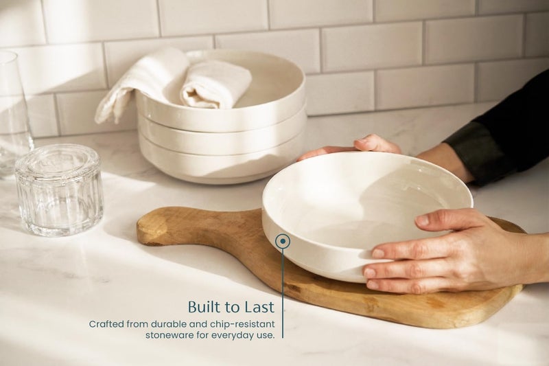 KooK Pasta Bowl, Bowl Plate, Low Bowl, Plate Bowls, Ceramic Large Shallow Bowls, Microwave and Dishwasher Safe, Great for Soups and Salads, Glossy Porcelain, 47 oz, Set of 4, White - Image 3