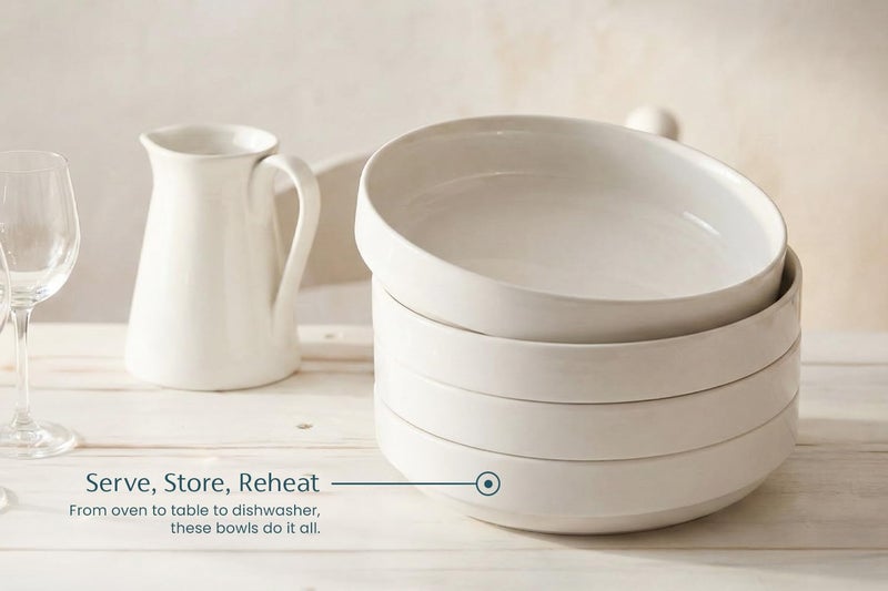 KooK Pasta Bowl, Bowl Plate, Low Bowl, Plate Bowls, Ceramic Large Shallow Bowls, Microwave and Dishwasher Safe, Great for Soups and Salads, Glossy Porcelain, 47 oz, Set of 4, White - Image 5