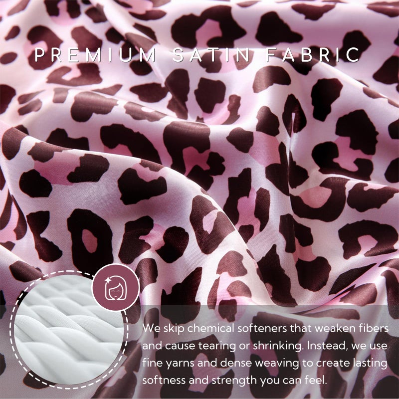 MR&HM Satin Bed Sheets with Elastic Corner Straps, Full Size Sheets Set, 4 Pcs Silky Bedding Set with 15 Inches Deep Pocket for Mattress (Full, Pink Leopard) - Image 3
