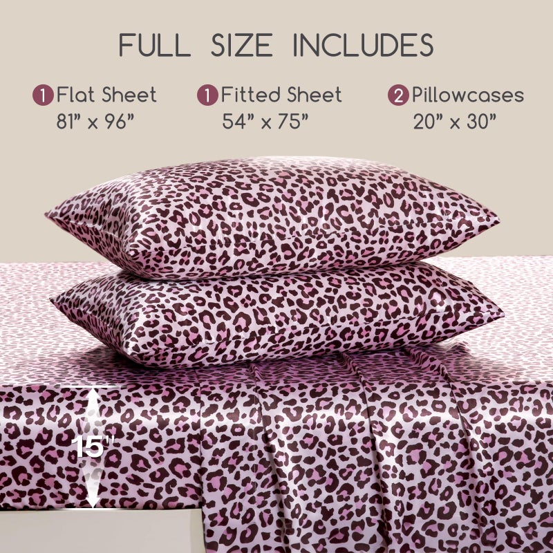 MR&HM Satin Bed Sheets with Elastic Corner Straps, Full Size Sheets Set, 4 Pcs Silky Bedding Set with 15 Inches Deep Pocket for Mattress (Full, Pink Leopard) - Image 2