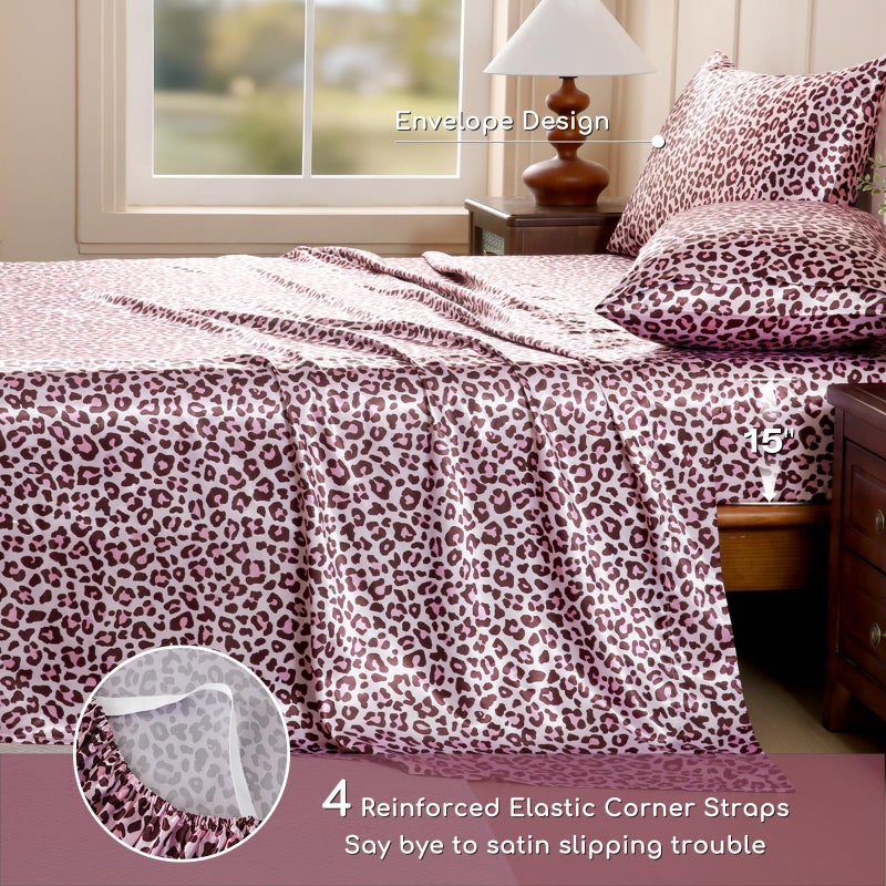 MR&HM Satin Bed Sheets with Elastic Corner Straps, Full Size Sheets Set, 4 Pcs Silky Bedding Set with 15 Inches Deep Pocket for Mattress (Full, Pink Leopard) - Image 5