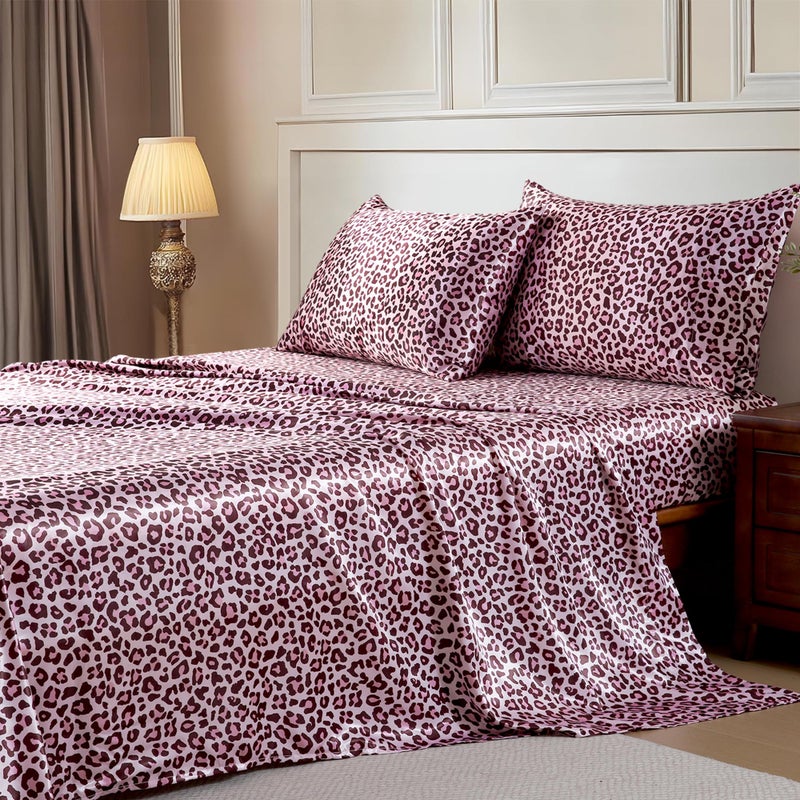 MR&HM Satin Bed Sheets with Elastic Corner Straps, Full Size Sheets Set, 4 Pcs Silky Bedding Set with 15 Inches Deep Pocket for Mattress (Full, Pink Leopard) - Image 1