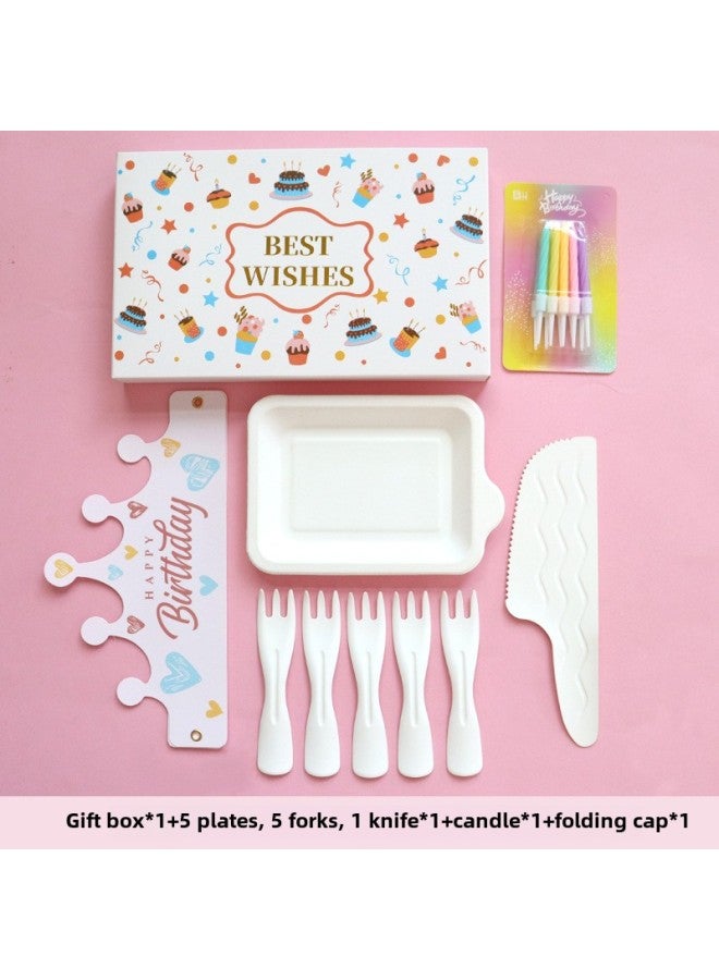 Birthday Dinner Plate Cake Tableware Food Grade Plastic Dinner Plate Disposable Paper Plate Candle Wet Wipes Four-in-one-Color:Upgraded Version Of The Pulp Plate For Five People - Image 1