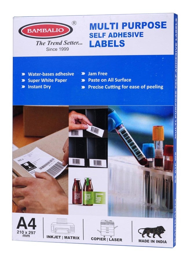 Bambalio Printable White Self Adhesive Sticker for Inkjet/Laser Printer, Quick Drying Multipurpose Use Stickers A4 Size, 84 Labels per Sheet (Size of Label 46 mm X 11 mm) Pack Of100 Sheets
