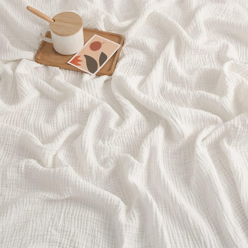 EMME Throw Blanket Muslin 100% Cotton Throw Blankets for Couch Breathable Cooling Gauze Blanket with Tassel All Season Soft and Lightweight Pre-Washed Cotton Blanket (White, 50"x60") - Image 2