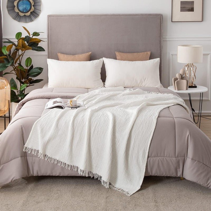 EMME Throw Blanket Muslin 100% Cotton Throw Blankets for Couch Breathable Cooling Gauze Blanket with Tassel All Season Soft and Lightweight Pre-Washed Cotton Blanket (White, 50"x60") - Image 4