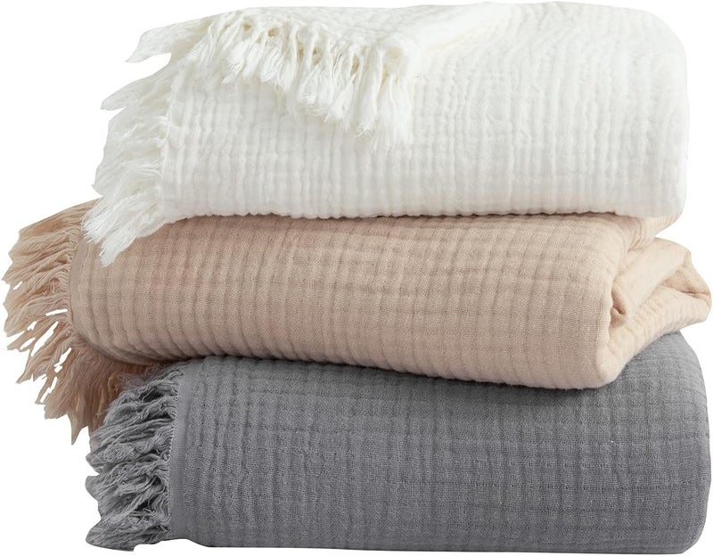 EMME Throw Blanket Muslin 100% Cotton Throw Blankets for Couch Breathable Cooling Gauze Blanket with Tassel All Season Soft and Lightweight Pre-Washed Cotton Blanket (White, 50"x60") - Image 3