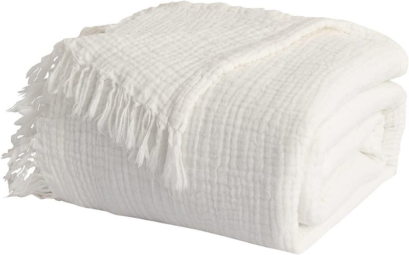 EMME Throw Blanket Muslin 100% Cotton Throw Blankets for Couch Breathable Cooling Gauze Blanket with Tassel All Season Soft and Lightweight Pre-Washed Cotton Blanket (White, 50"x60") - Image 1