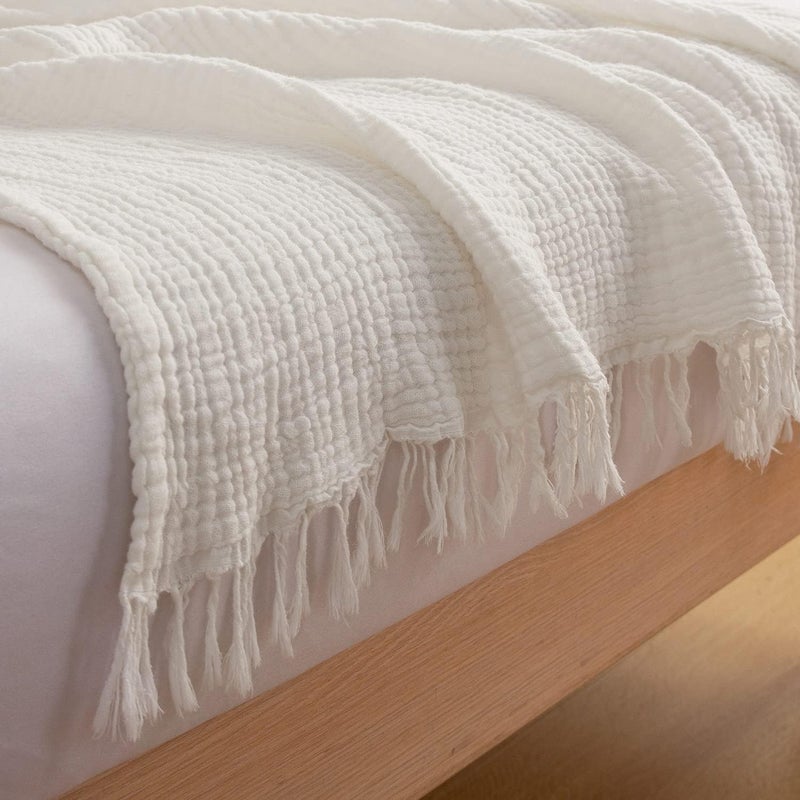 EMME Throw Blanket Muslin 100% Cotton Throw Blankets for Couch Breathable Cooling Gauze Blanket with Tassel All Season Soft and Lightweight Pre-Washed Cotton Blanket (White, 50"x60") - Image 5