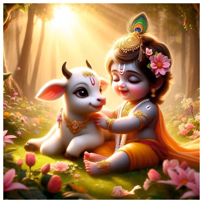 Sky Flying Little Cow And Smiley Baby Krishna Wall Poster K16_Poster19 For Living Room Pooja Room Kids Room Office Size 41CM X 41CM