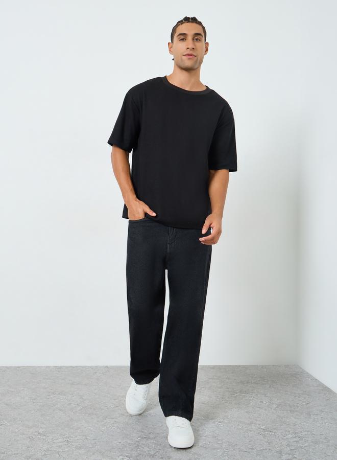 ستايلي تيشيرت واسع محبوك بنمط وافل وياقة وهمية - Image 2