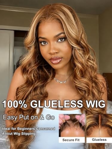 UNICE Body Wave Human Hair Wig Honey Blonde Highlight 7x5 Glueless Lace Front Wig Pre Plucked Pre Cut No Slip Drawstring Put On Go Wigs for Women 150 Density 16 inch - Image 3
