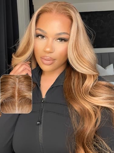UNICE Body Wave Human Hair Wig Honey Blonde Highlight 7x5 Glueless Lace Front Wig Pre Plucked Pre Cut No Slip Drawstring Put On Go Wigs for Women 150 Density 16 inch - Image 1