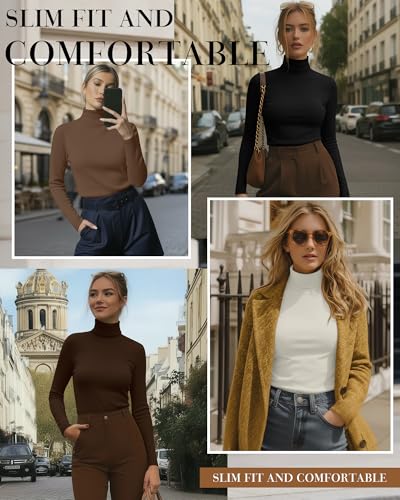 Huukeay 4 Packs Womens Turtleneck Tops Long Sleeve Shirts Mock Turtleneck Basic Tees Lightweight Slim Fit Casual UndershirtCream Brown Coffee BlackSmall - Image 3