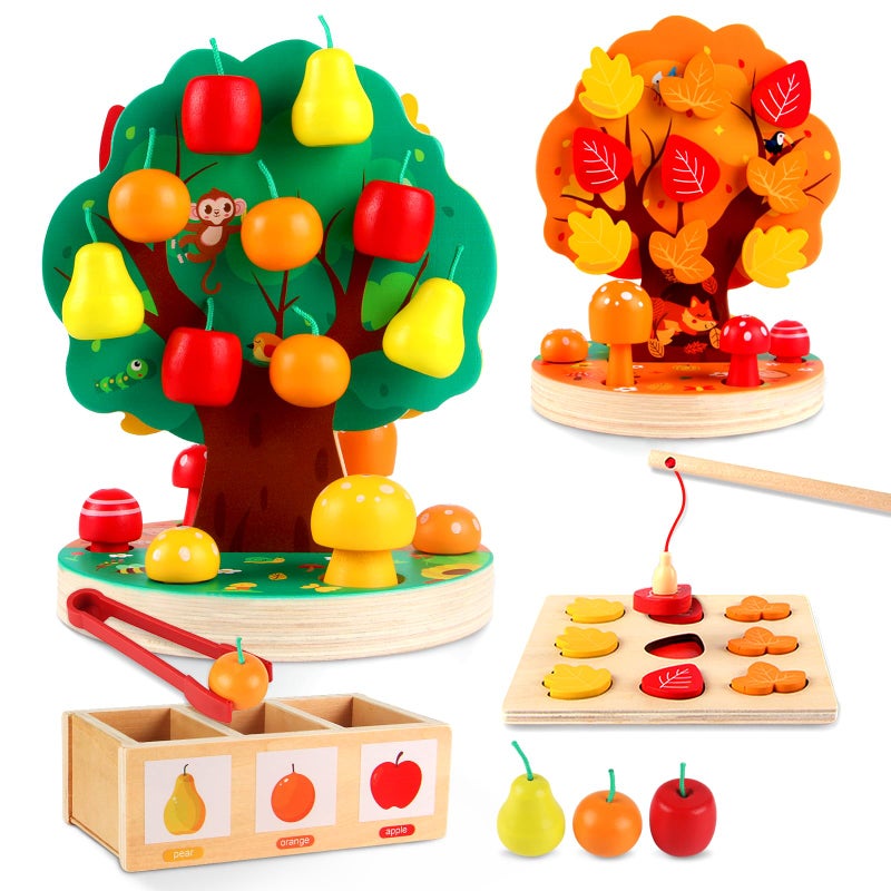 INIFEIDALA Montessori Toys for 3 4 5 6 Year Old Wooden Sensory Toy for Toddlers Shape Sorting Puzzle for Fine Motor Skills Apple Picking Magnetic Tree ToyHandEye CoordinationColor Recognition - Image 2