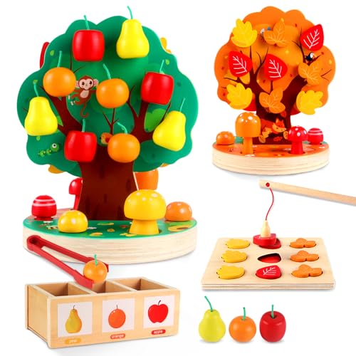 INIFEIDALA Montessori Toys for 3 4 5 6 Year Old Wooden Sensory Toy for Toddlers Shape Sorting Puzzle for Fine Motor Skills Apple Picking Magnetic Tree ToyHandEye CoordinationColor Recognition - Image 1