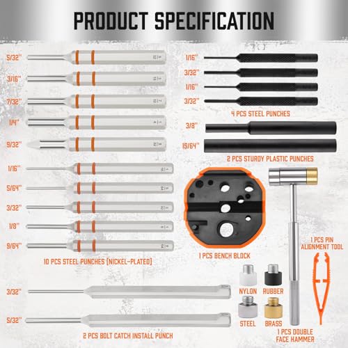 HORUSDY 23-Piece Punch Set Roll Pin Punch Set and Hammer with Bench Block, Punch Tool Ideal for Maintenance - Image 3