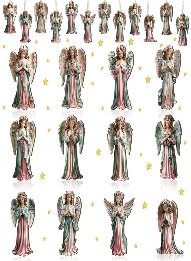 Yookeer مجموعة زينة ملائكية من يوكير، ٢٤ قطعة، زينة ملائكية وردية وخضراء لشجرة عيد الميلاد، زينة خشبية ريفية معلقة لعيد الميلاد، ديكور داخلي لعيد الميلاد - Image 1