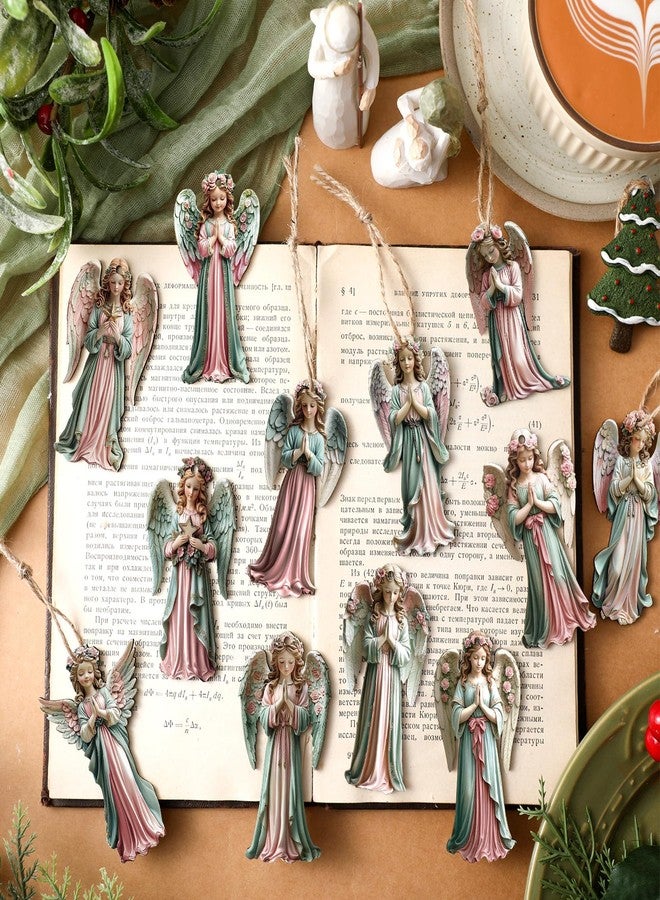 Yookeer مجموعة زينة ملائكية من يوكير، ٢٤ قطعة، زينة ملائكية وردية وخضراء لشجرة عيد الميلاد، زينة خشبية ريفية معلقة لعيد الميلاد، ديكور داخلي لعيد الميلاد - Image 2