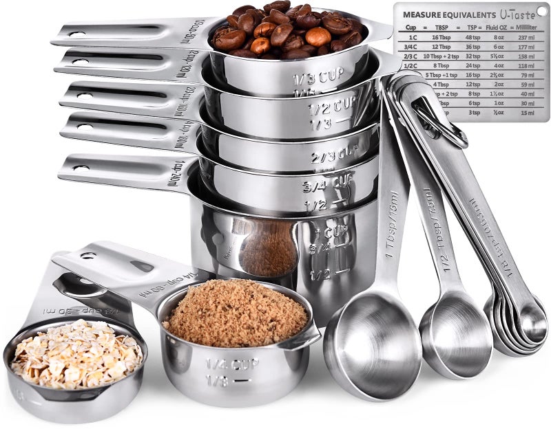 U-Taste Measuring Cups, U-Taste Measuring Cups and Spoons Set of 15 in 18/8 Stainless Steel : 7 Measuring Cups and 7 Measuring Spoons with 2 D-Rings and 1 Professional Magnetic Measurement Conversion Chart - Image 1