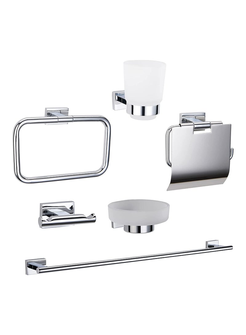 HESANIT Premium 6-Piece Bathroom Accessory Set, Chrome – Wall-Mounted Towel Bar, Towel Ring, Toilet Paper Holder with Cover, Soap Dish & Tumbler Holders, Robe Hook - Image 1