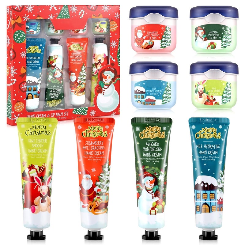 Boobeen مجموعة هدايا عيد الميلاد من بوبين 8 عبوات 4 كريم يد و 4 بلسم شفاه لليدين والشفاه الجافة كريم لليدين للنساء بلسم شفاه مغذي ومرطب كريم للعناية بالشفاه واليدين بروائح متنوعة