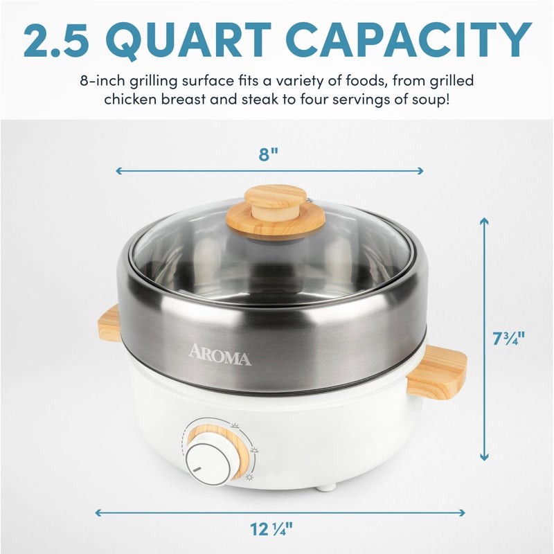 Aroma Housewares AMC-130 Whatever Pot, Indoor Grill, Cooking, Hot Pot with Glass Lid, Bamboo Handles, 2.5L, Stainless Steel/White - Image 5